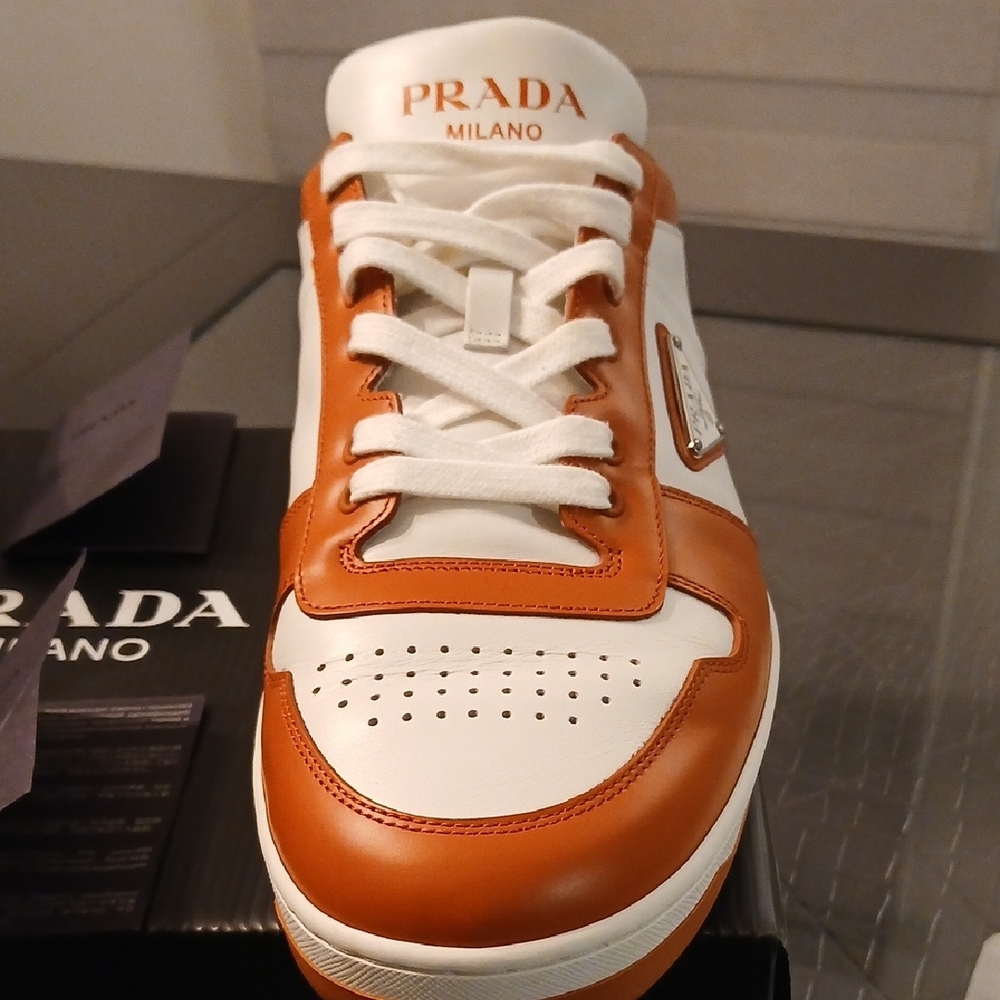 Prada Men's Downtown Low Top White and Orange Sneakers - Picture 7 of 14